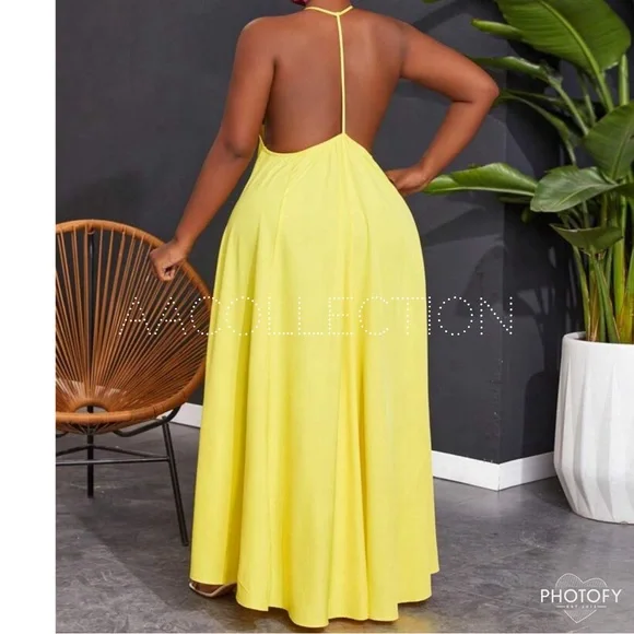 Boho Plus Size Backless Open Neck Halter Neck Cut Out A Line Maxi Dress Yellow - Picture 4 of 4